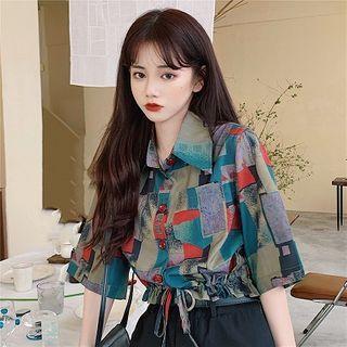Printed Drawstring-hem Short-sleeve Cropped Blouse As Shown In Figure - One Size