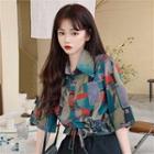 Printed Drawstring-hem Short-sleeve Cropped Blouse As Shown In Figure - One Size
