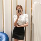 Puff-shoulder Lace-trim Blouse