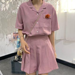 Open-placket Button Shirt / Pleated Skirt