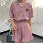 Open-placket Button Shirt / Pleated Skirt