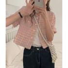 Short-sleeve Tweed Fringed Button-up Jacket Pink - One Size