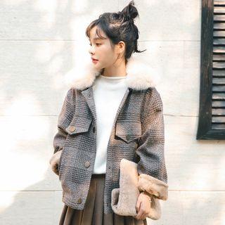 Faux-fur Trim Plaid Cropped Coat