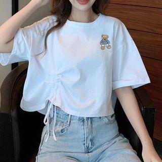 Elbow-sleeve Bear Print Drawstring T-shirt