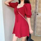 Elbow-sleeve Frill Trim Top / A-line Mini Dress