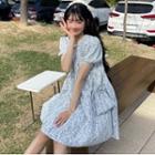 Set: Puff-sleeve Flower Print Mini A-line Dress + Faux Pearl Crossbody Bag