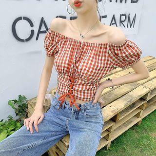 Plaid Off-shoulder Drawstring Top Plaid - Top - One Size