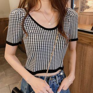 Short-sleeve Houndstooth Knit Top Black & White - One Size