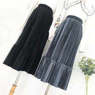 Midi Accordion Pleat Velvet Skirt