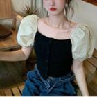 Puff-sleeve Two-tone Button-up Top Almond & Black - One Size