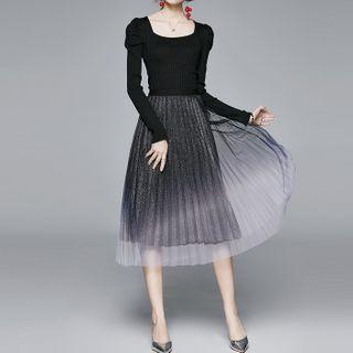 Set: Long-sleeve Knit Top + Midi A-line Pleated Skirt As Shown In Figure - One Size