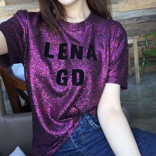 Lettering Short Sleeve Glitter Top