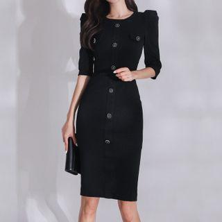 Elbow-sleeve Button-up Sheath Dress