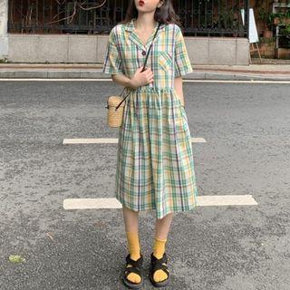 Short Sleeve Plaid Dress Green - One Size