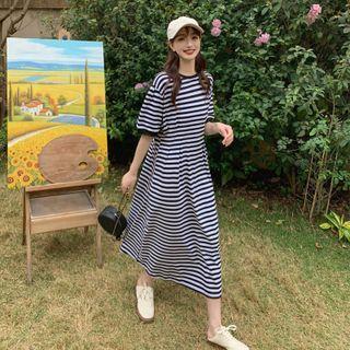 Short-sleeve Striped Midi A-line Dress White - One Size