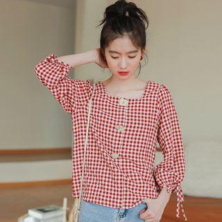 Plaid 3/4-sleeve Blouse Gingham - Red - One Size