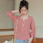 Plaid 3/4-sleeve Blouse Gingham - Red - One Size