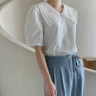 Puff-sleeve Lace-collar Blouse White - One Size