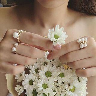 Set Of 3: Faux Pearl Open Ring Set Of 3 Ring - Pearl Rhinestones - One Size