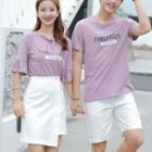 Couple Matching Set: Lettering Elbow-sleeve T-shirt + High Waist A-line Skirt / Lettering Short-sleeve T-shirt / Plain Shorts