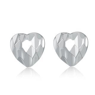 14k White Gold Diamond Cut Puff Heart Stud Earrings