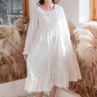 Ruffled Long-sleeve Midi Sleep Dress White - One Size