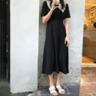 Short-sleeve Lace Collar A-line Midi Dress Black - One Size