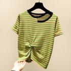 Short Sleeve Cut Out Crew-neck Striped T-shirt