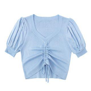 Puff-sleeve Drawstring Knit Crop Top