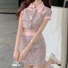 Set: Short-sleeve Tweed Button-up Top + Mini Skirt