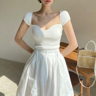 Square Neck Plain Knit Skinny Top/high Waist Plain Pants