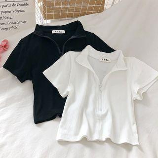 Collared Zipper Short-sleeve Knit Top
