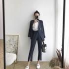 Set: Double-breasted Blazer With Sash + Cropped Split-front Pants