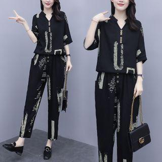 Set: Elbow-sleeve Printed Top + Harem Pants