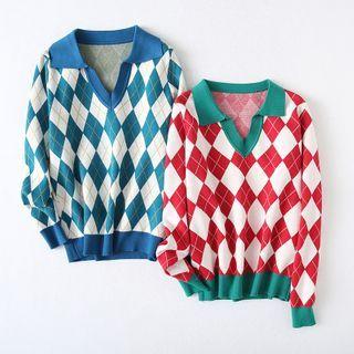Long-sleeve Argyle Knit Top