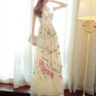 Floral Embroidered Sleeveless Tie-waist Panel Mesh Sheath Dress