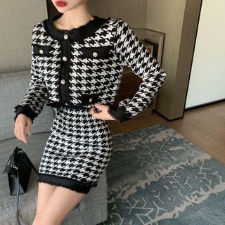 Set: Houndstooth Cropped Cardigan + Slim-fit Skirt As Figure - One Size