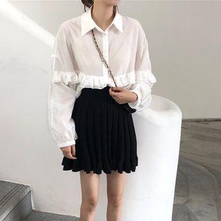 Ruffle Trim Blouse / Pleated Knit Skirt