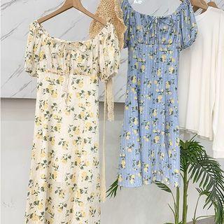 Square-neck Floral Puff Short-sleeve Dress