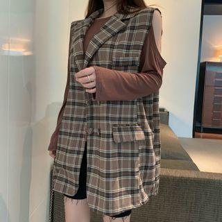 Cold-shoulder Long-sleeve Top / Plaid Vest