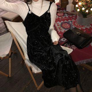 Long-sleeve Top / Spaghetti Strap Midi A-line Dress