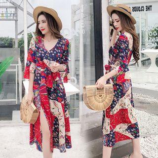 Printed Elbow-sleeve Slit Chiffon Dress