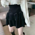 Layered Smocked High-waist Velvet Mini Skirt Black - One Size