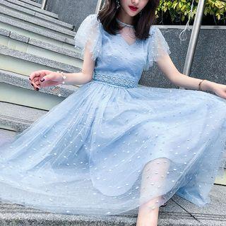 Embroidered A-line Midi Mesh Cocktail Dress