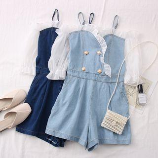 Off-shoulder Ruffled-trim Denim Playsuit
