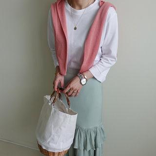 3/4-sleeve Plain T-shirt Ivory - One Size