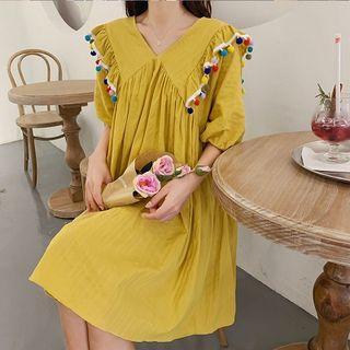 3/4-sleeve Frill Trim Tunic Dress
