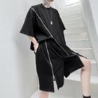 Set: Elbow-sleeve Zip-up T-shirt + Loose Fit Shorts