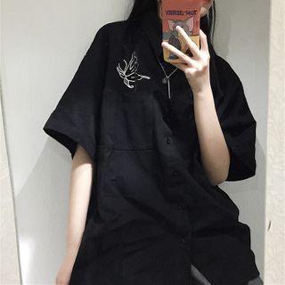 Butterlfy Embroidered Elbow-sleeve Shirt Black - One Size