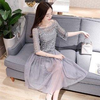 Elbow-sleeve Crochet Panel Dress